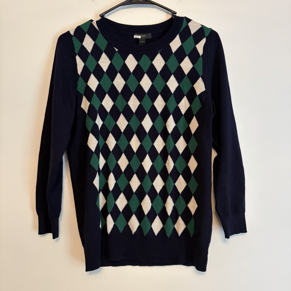 J. CREW Sweater‎ 100% Merino Wool Navy Blue Green Argyle Medium Business Classy